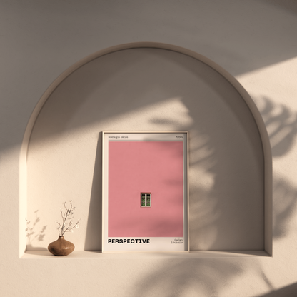 Pink Wall Poster 'Perspective', Trendy Minimalistic Wall Art, Window Print, Nostalgic Retro Print with Modern Twist, Aesthetic Home Decor