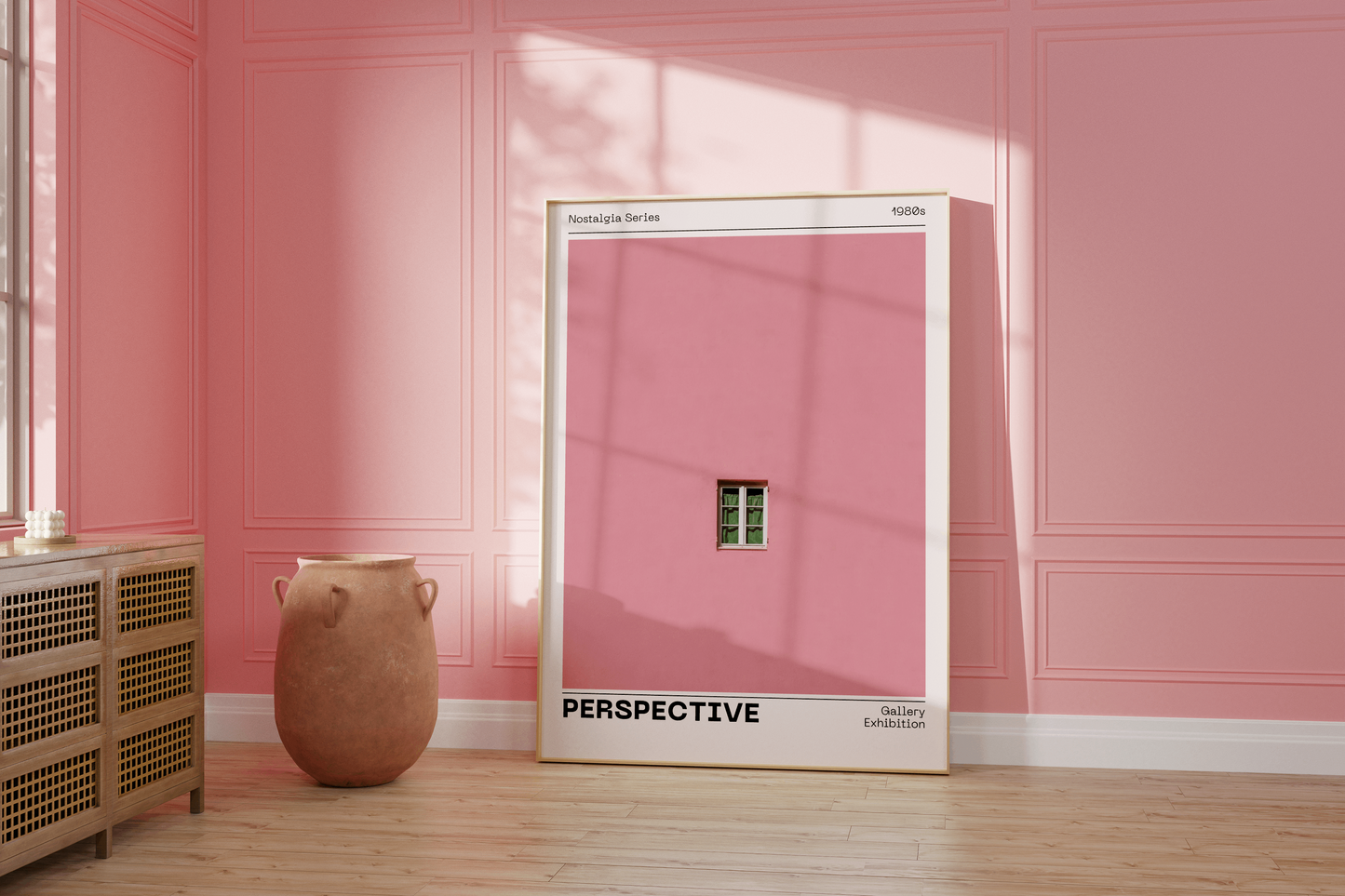 Pink Wall Poster 'Perspective', Trendy Minimalistic Wall Art, Window Print, Nostalgic Retro Print with Modern Twist, Aesthetic Home Decor