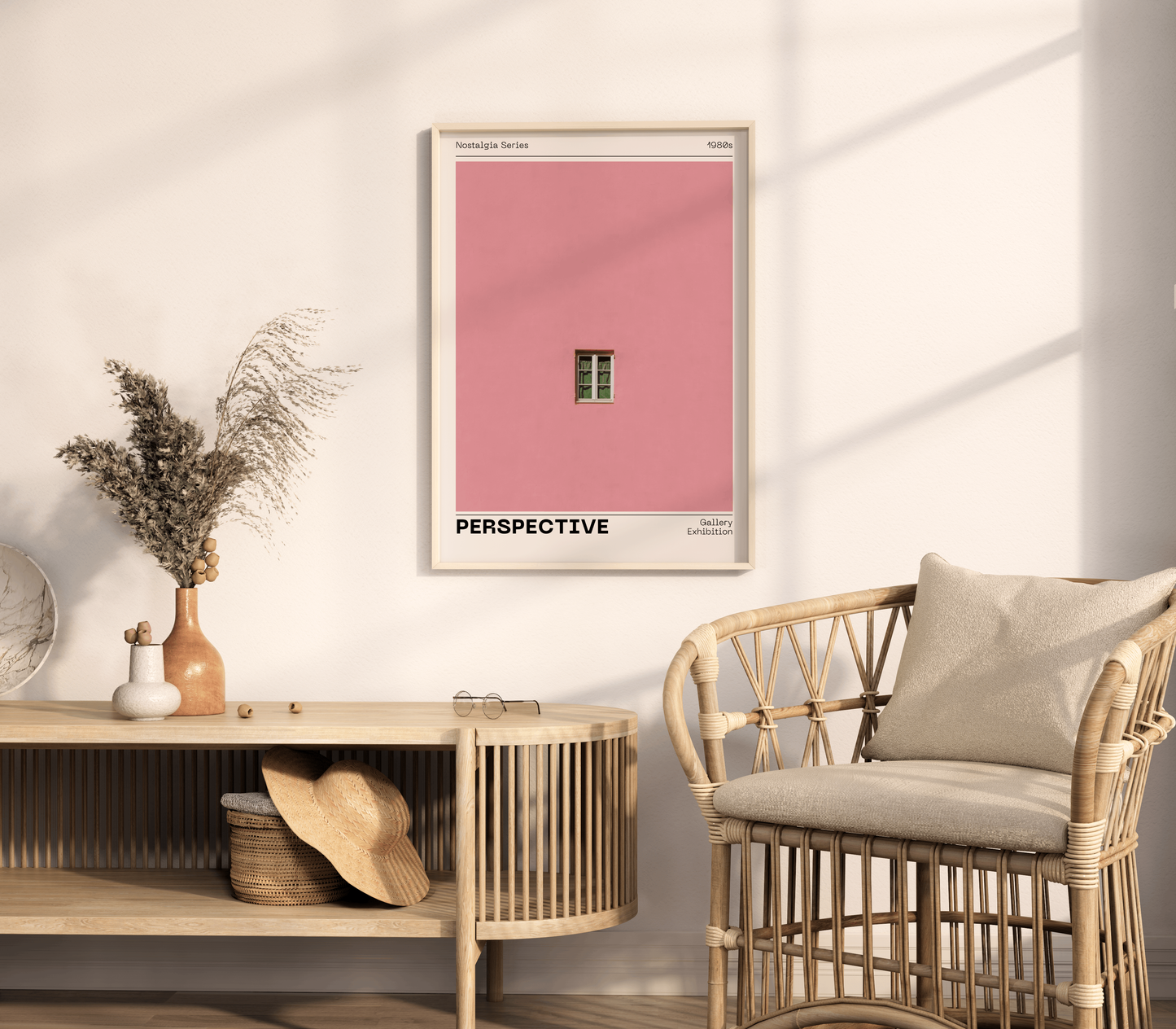 Pink Wall Poster 'Perspective', Trendy Minimalistic Wall Art, Window Print, Nostalgic Retro Print with Modern Twist, Aesthetic Home Decor