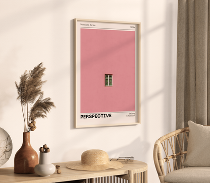 Pink Wall Poster 'Perspective', Trendy Minimalistic Wall Art, Window Print, Nostalgic Retro Print with Modern Twist, Aesthetic Home Decor
