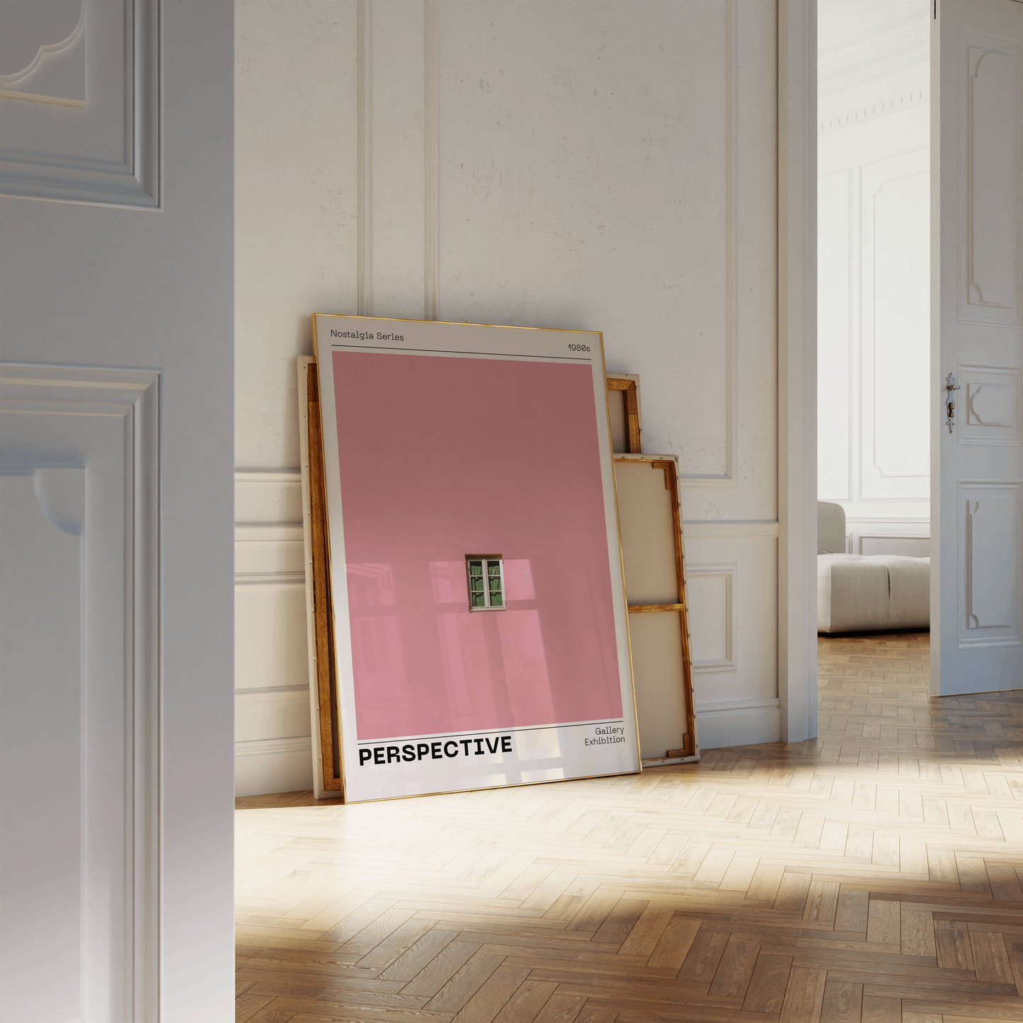 Pink Wall Poster 'Perspective', Trendy Minimalistic Wall Art, Window Print, Nostalgic Retro Print with Modern Twist, Aesthetic Home Decor