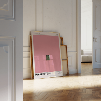 Pink Wall Poster 'Perspective', Trendy Minimalistic Wall Art, Window Print, Nostalgic Retro Print with Modern Twist, Aesthetic Home Decor