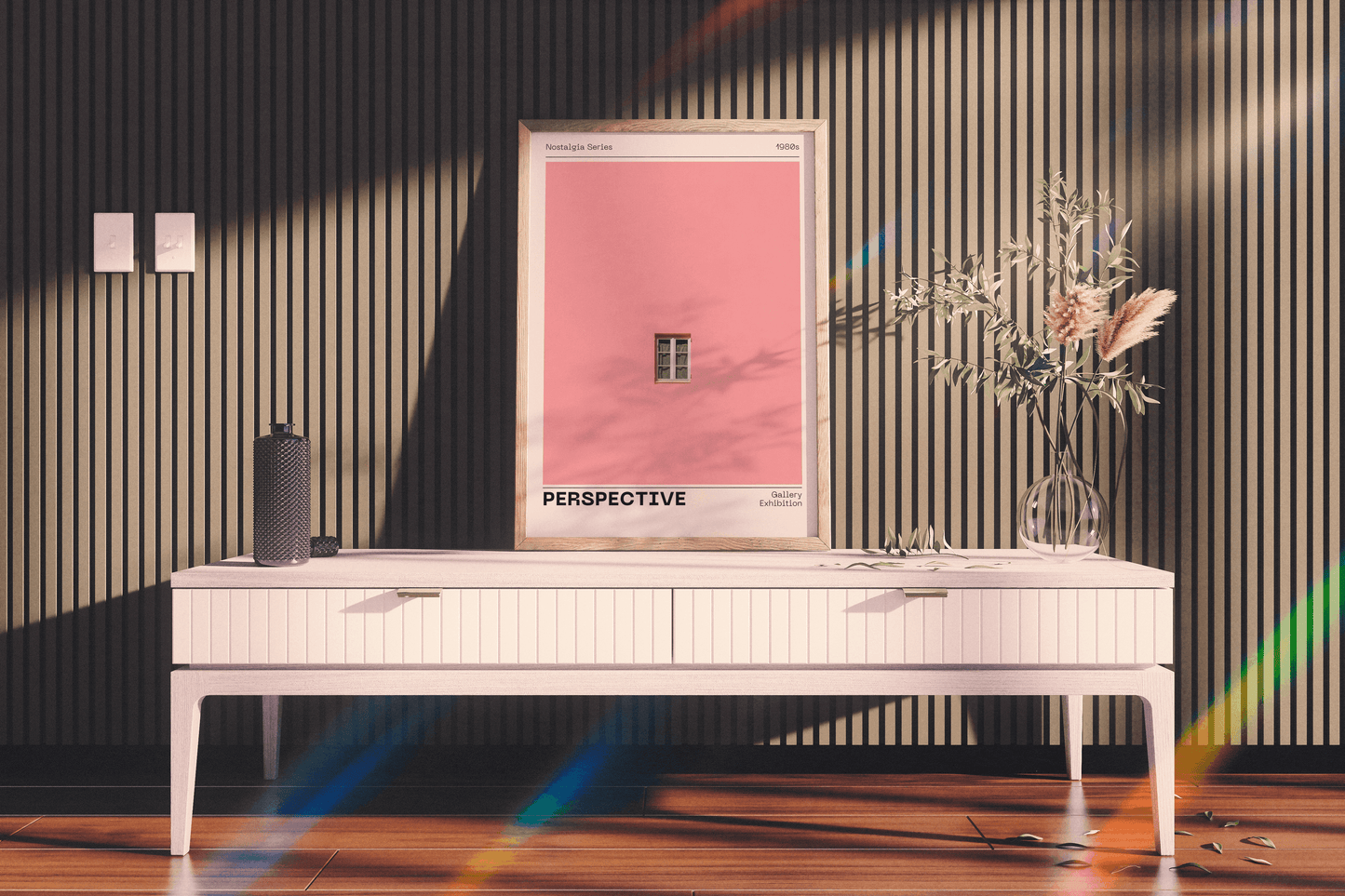 Pink Wall Poster 'Perspective', Trendy Minimalistic Wall Art, Window Print, Nostalgic Retro Print with Modern Twist, Aesthetic Home Decor