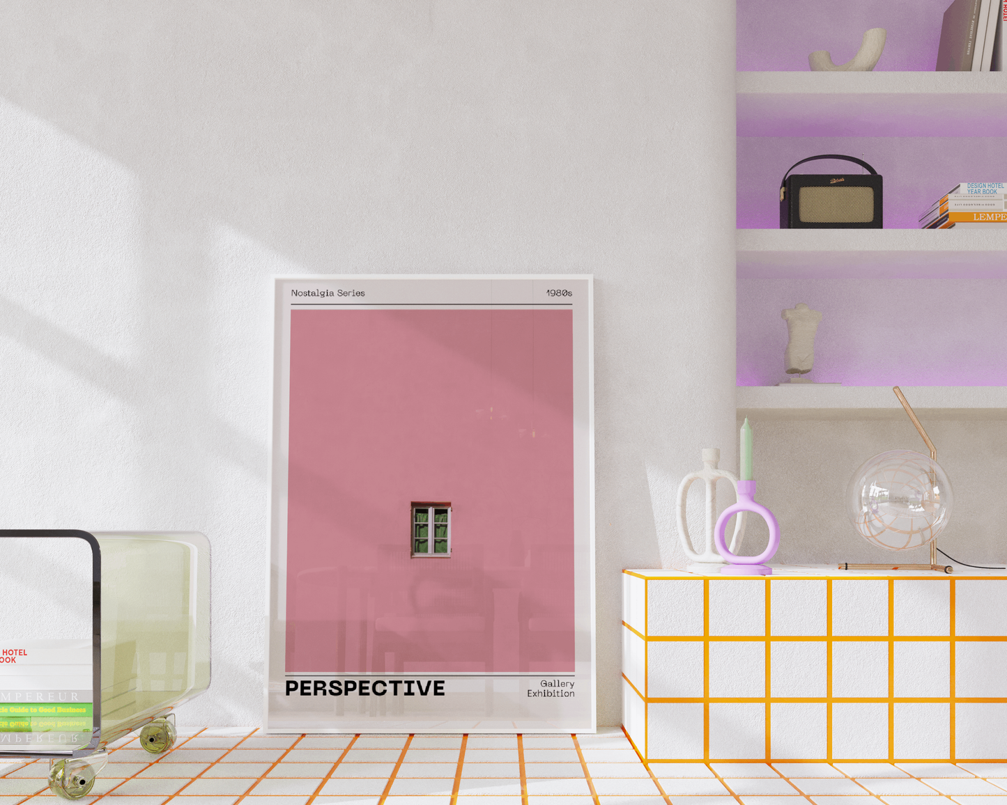 Pink Wall Poster 'Perspective', Trendy Minimalistic Wall Art, Window Print, Nostalgic Retro Print with Modern Twist, Aesthetic Home Decor