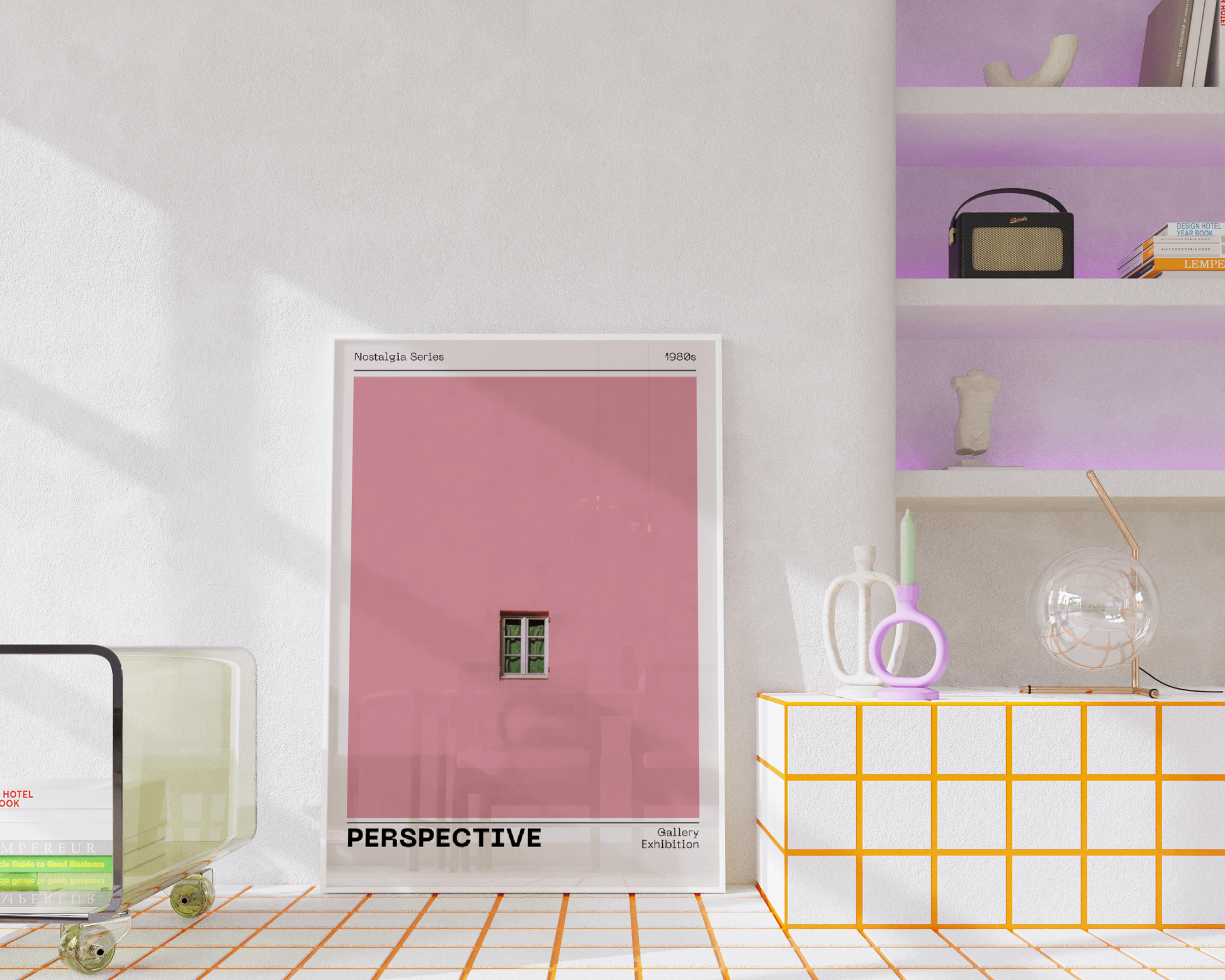 Pink Wall Poster 'Perspective', Trendy Minimalistic Wall Art, Window Print, Nostalgic Retro Print with Modern Twist, Aesthetic Home Decor