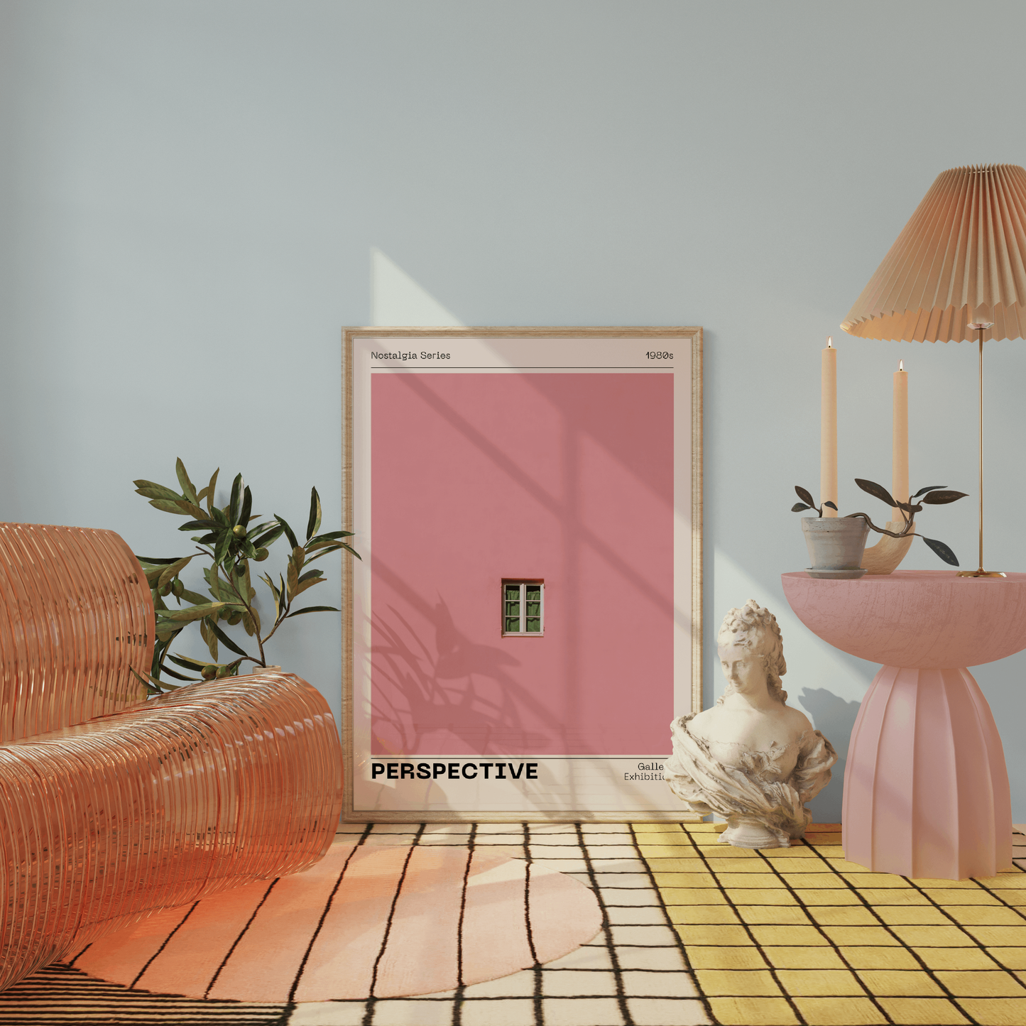 Pink Wall Poster 'Perspective', Trendy Minimalistic Wall Art, Window Print, Nostalgic Retro Print with Modern Twist, Aesthetic Home Decor
