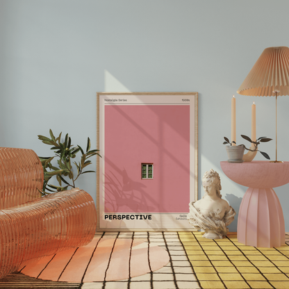 Pink Wall Poster 'Perspective', Trendy Minimalistic Wall Art, Window Print, Nostalgic Retro Print with Modern Twist, Aesthetic Home Decor