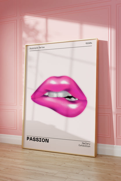 Pink Lips Wall Art, 90s Funky Playful Printable, Eclectic Home Decor, Trendy Fashion Aesthetic, Vanity Art, Vibrant Bold Passion Poster