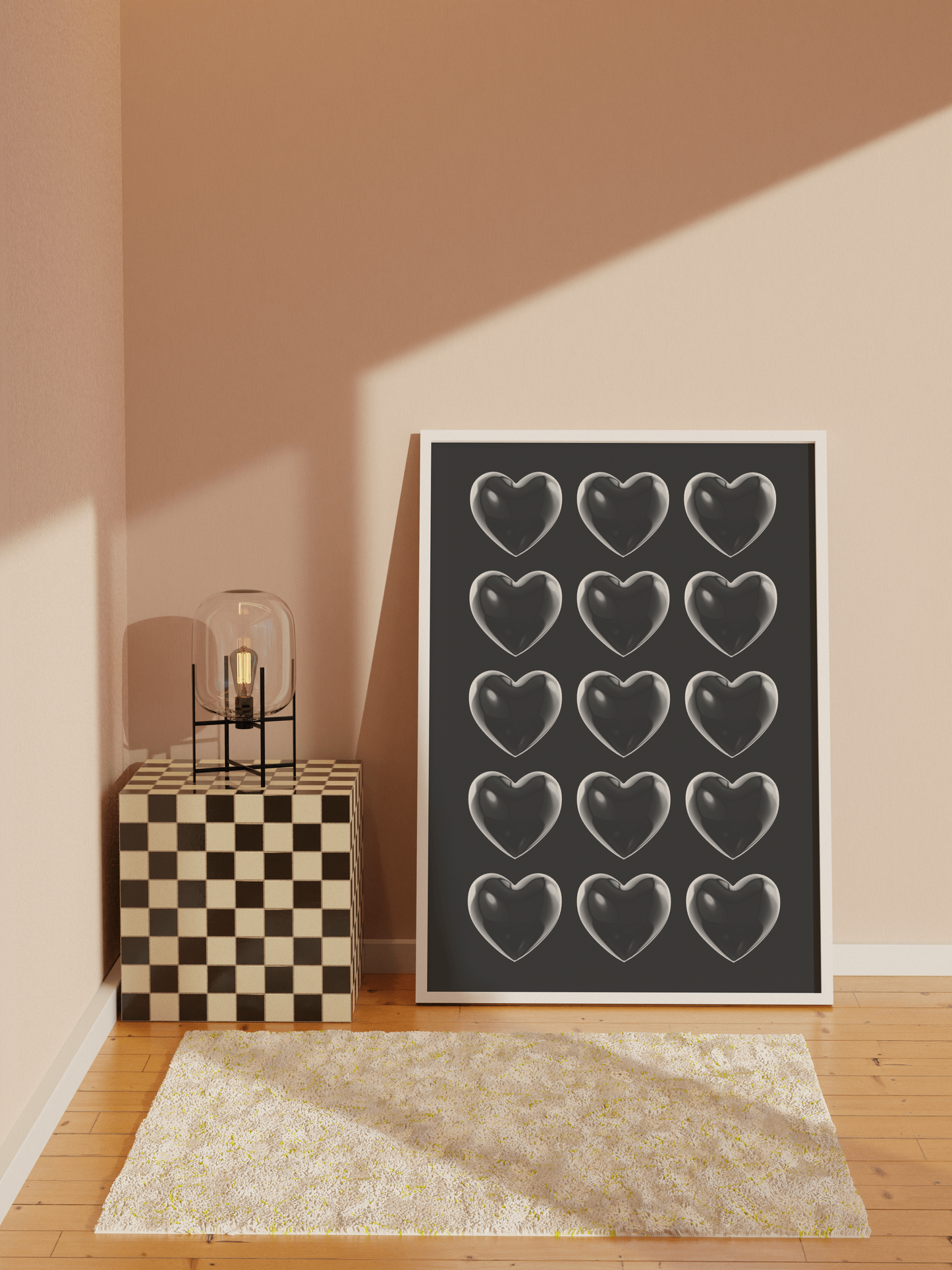 Heartfelt Contrast: Black Poster with Transparent Hearts – A Bold Minimalist Piece for Your Home